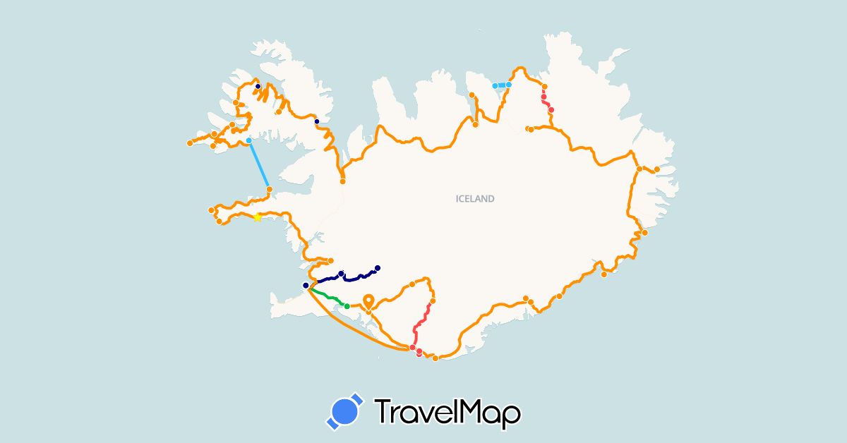 TravelMap itinerary: driving, bus, hiking, boat, hitchhiking in Iceland (Europe)