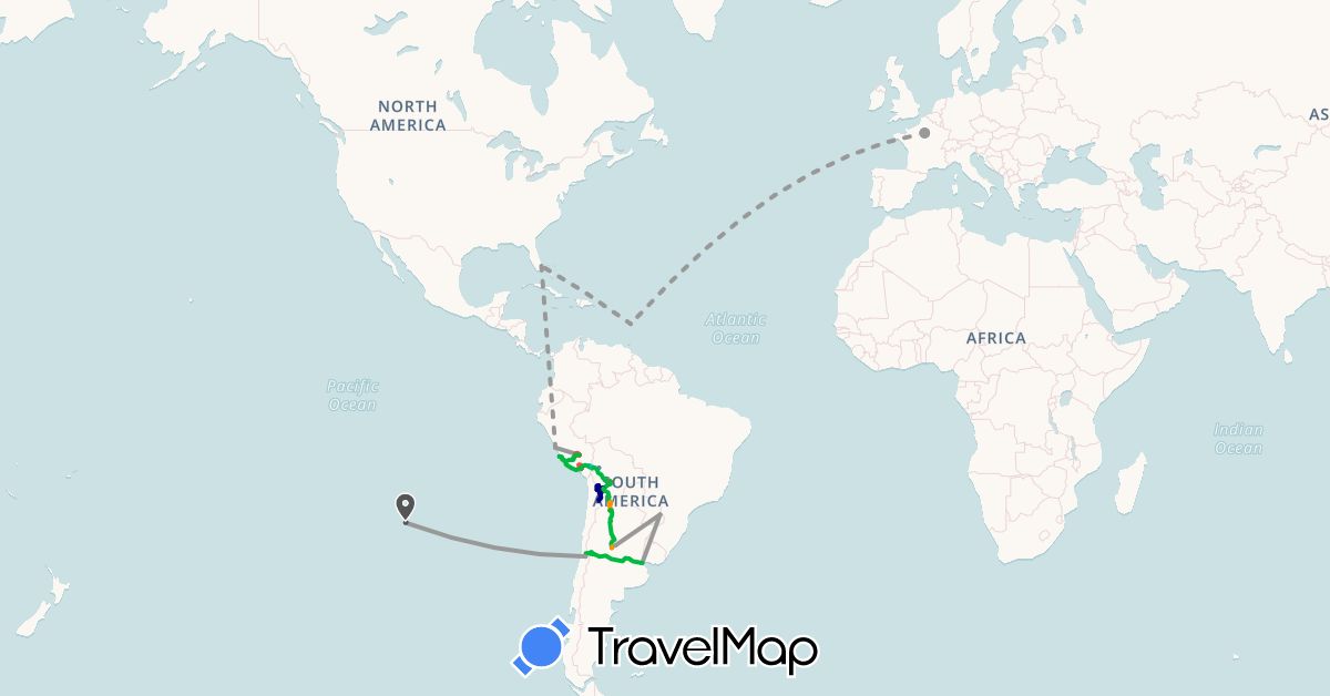 TravelMap itinerary: driving, bus, plane, cycling, hiking, boat, hitchhiking, motorbike in Argentina, Bolivia, Brazil, Chile, France, Peru, United States (Europe, North America, South America)